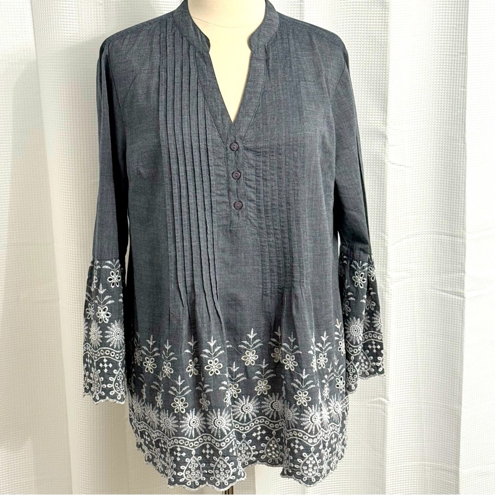 Style & Co Women's Embroidered Eyelet Boho Floral Blouse, Gray/White, Size L